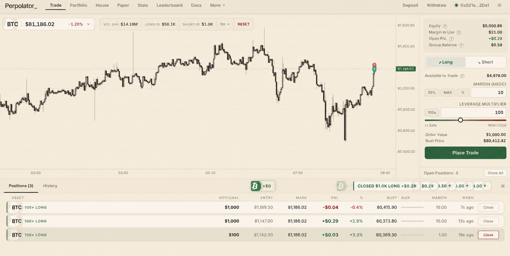 Perpolator trade interface preview
